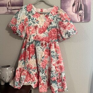 Janie and jack girls dress puff sleeves size 8 white pink 100% cotton new